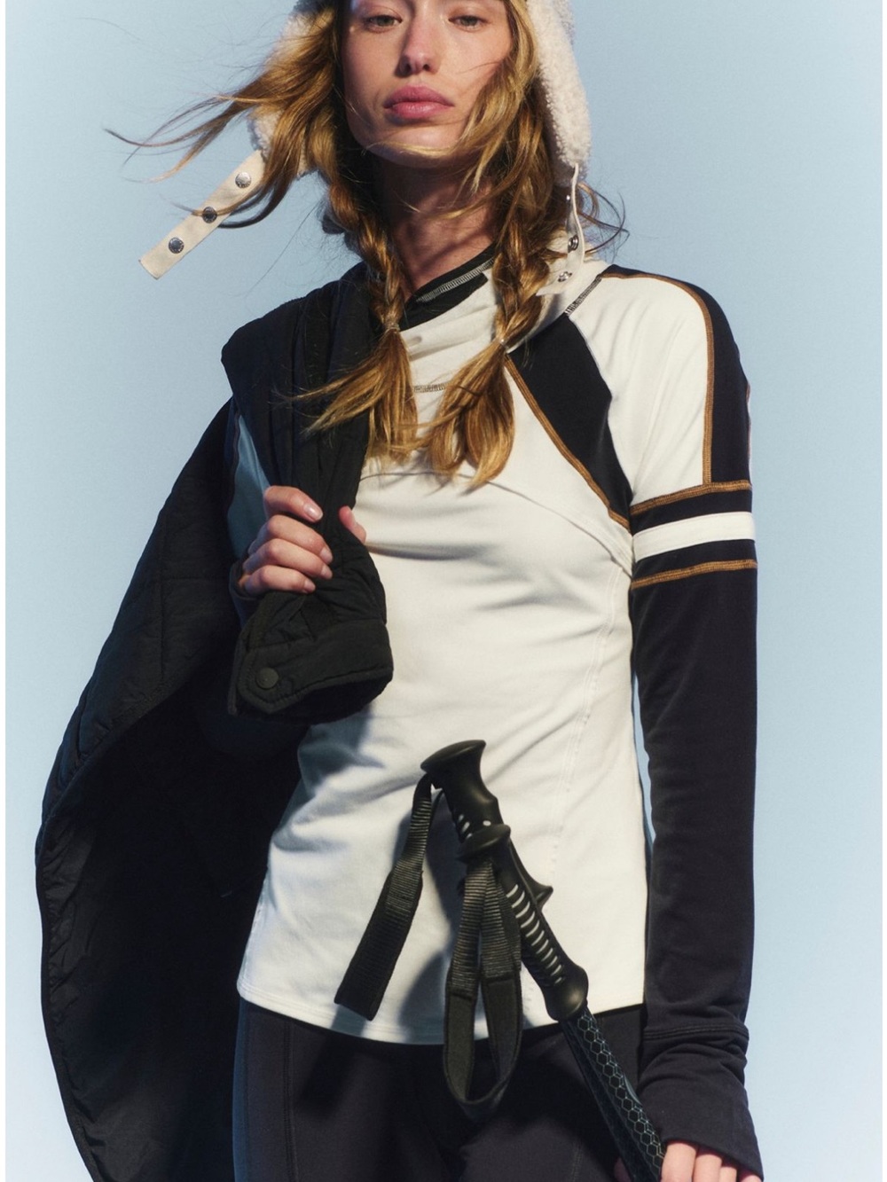 Free People Dawn to Dusk Long Sleeve Top in White and Black with Brown Trim